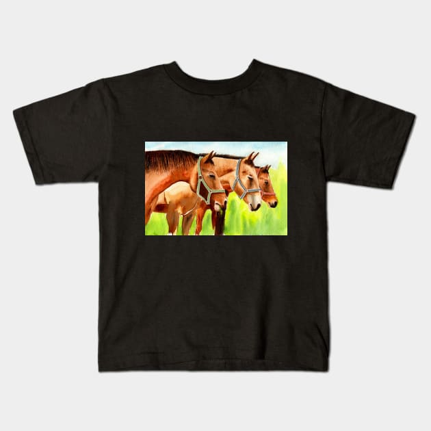 Watercolor Horses Painting Kids T-Shirt by MMcBuck